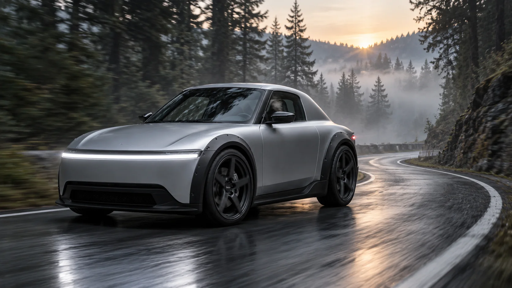 Elyron U, ein silbernes Elektro-Coupé, auf einer nassen Bergstraße im Morgennebel – Konzeptdarstellung