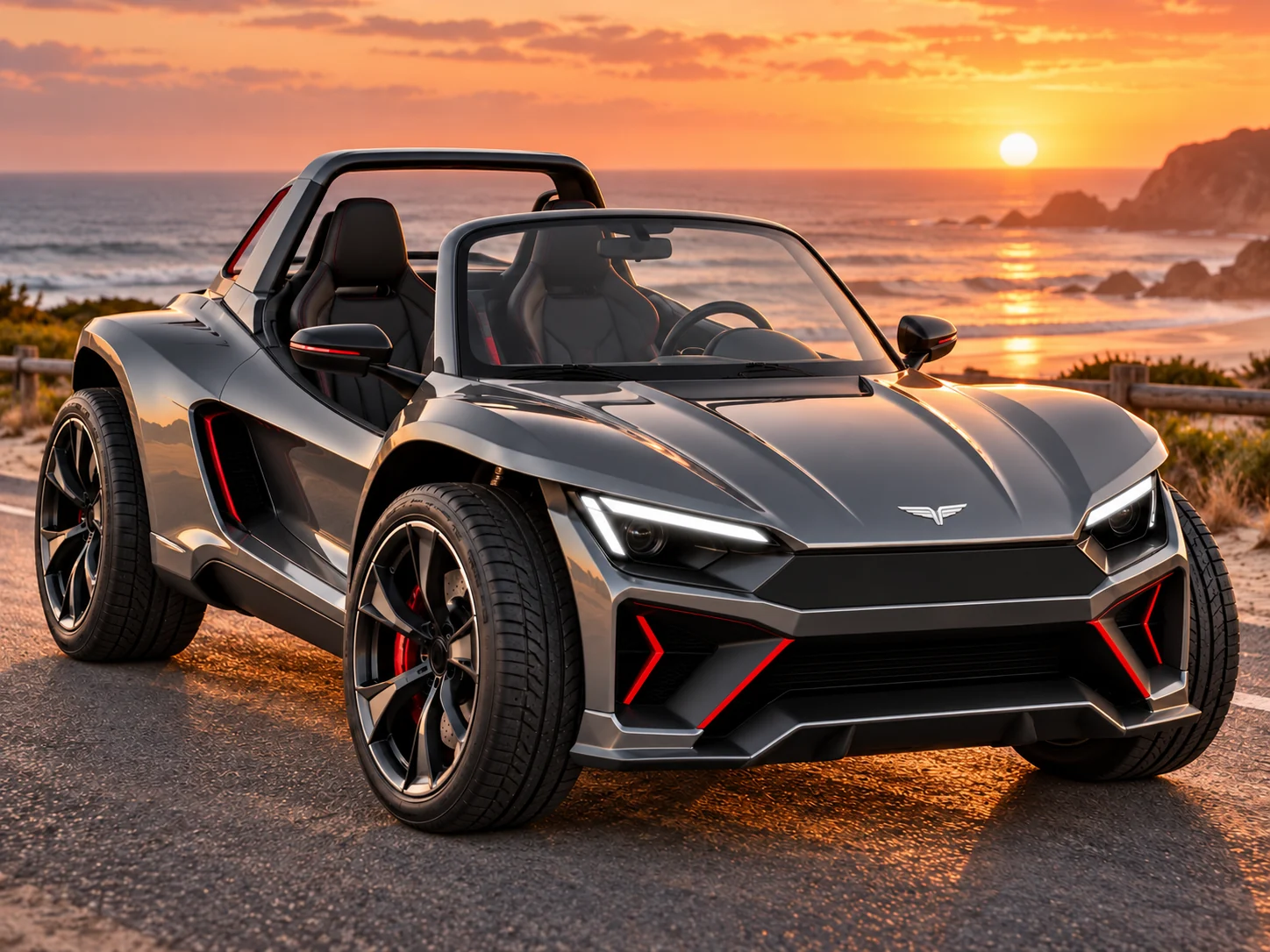 Elyron U, ein offener Elektro-Buggy in Graphit mit Windschutzscheibe und Überrollbügel, an der Küste bei Sonnenuntergang – Konzeptdarstellung