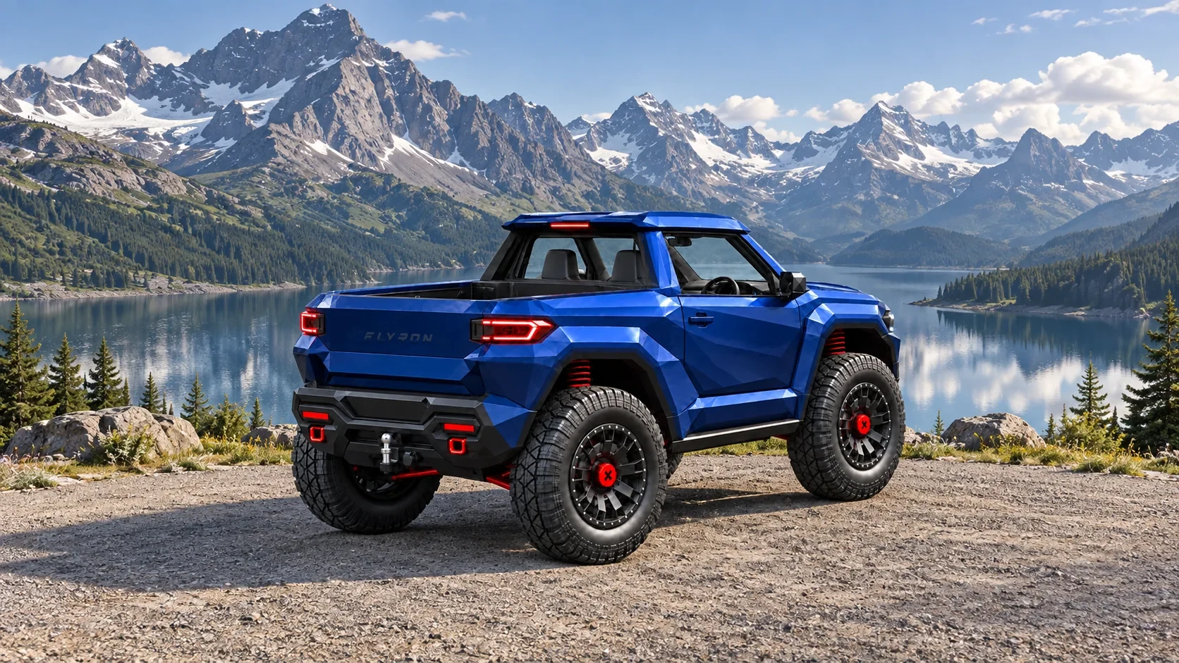 Elyron X in Blau als Pickup an einem Bergsee, Heckansicht – Konzeptdarstellung
