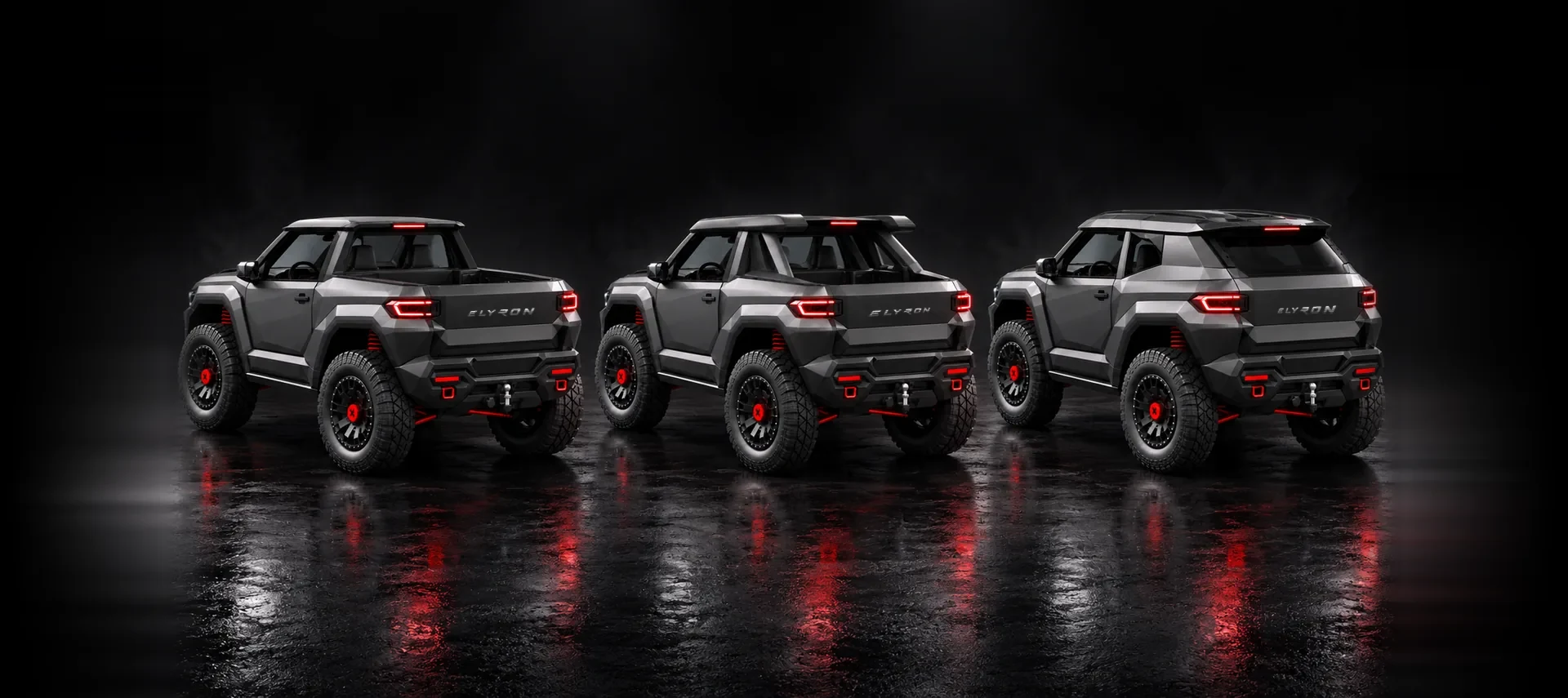 Elyron X in drei Formen nebeneinander, Heckansicht: offener Pickup, Pickup mit Heckmodul und SUV mit Hardtop – Konzeptdarstellung