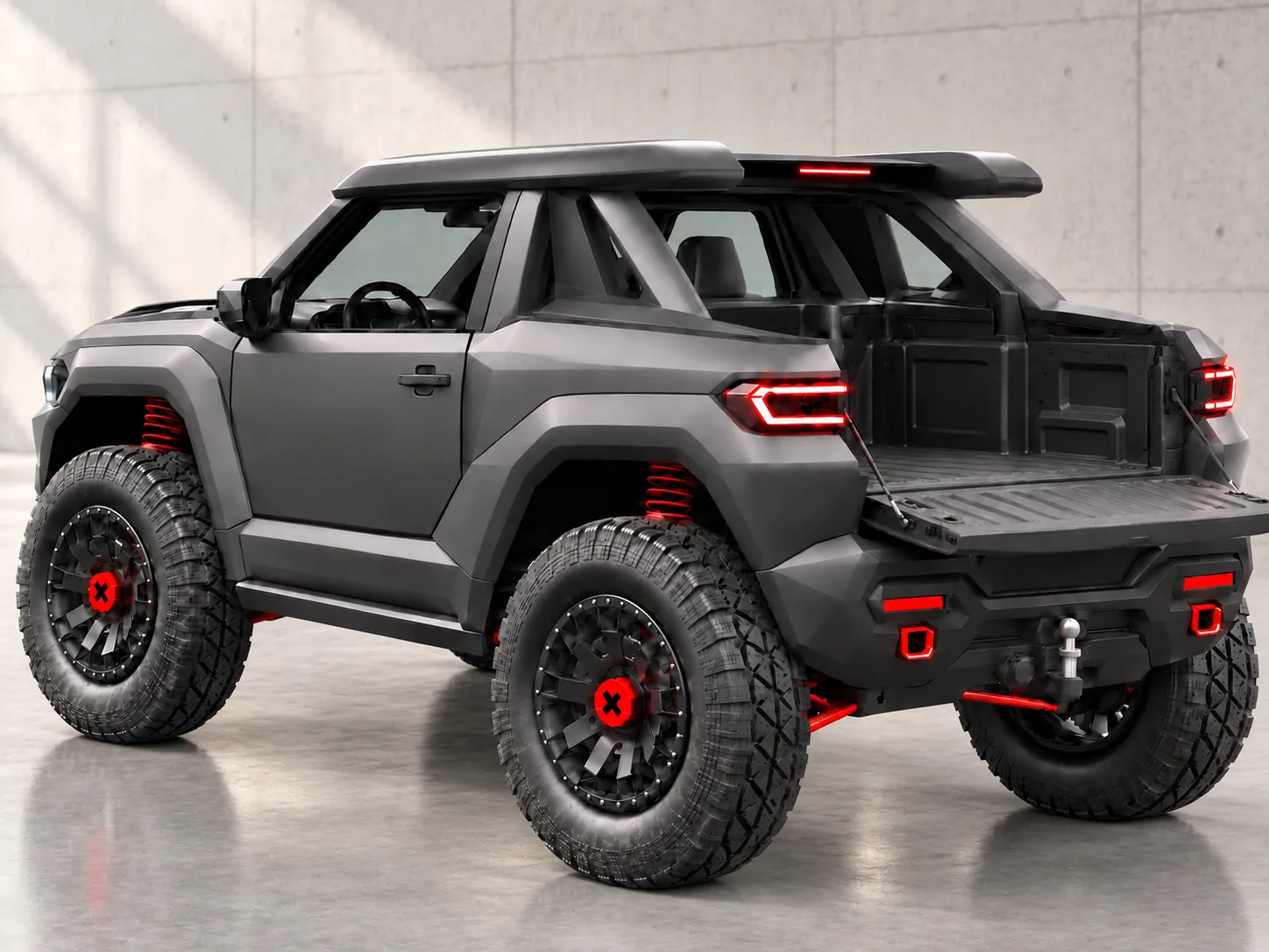 Elyron X als Pickup mit Heckmodul aus Spoiler und Überrollbügel-Abdeckung, Heckklappe heruntergeklappt